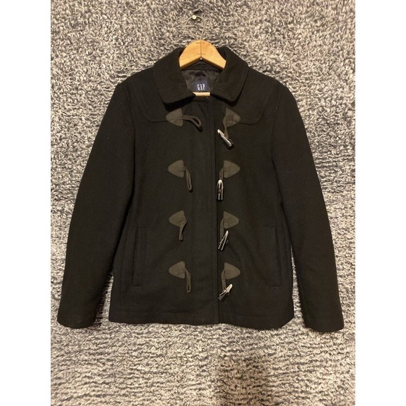 GAP Womens S Black Wool Blend Coat Toggle Button Jacket Lined full zip Military - Picture 5 of 9